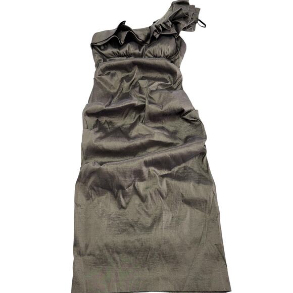 Xscape Dress Women 4 Brown Gray One Shoulder Ruffle Cocktail Party Ruched Formal - Picture 1 of 7
